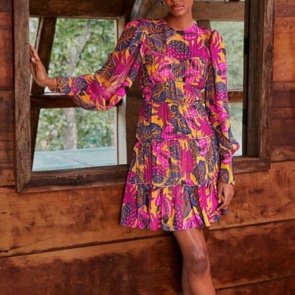 NWT Farm Rio Yellow Fruit Dream Long Sleeve Mini Dress-K1 - Picture 1 of 9